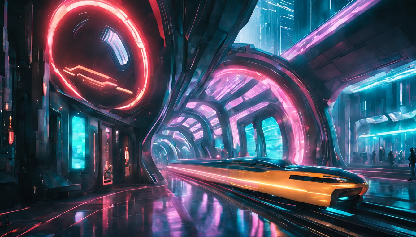 Image: Ein futuristischer Sci-Fi-Bahnhof mit miteinander verbundenen Portalen Beschreibende Schlüsselwörter: Hightech, jenseitig, miteinander verbunden Fotografischer Stil: surrealistisch, mit leuchtender Neonbeleuchtung und geometrischer Architektur in einem Cyberpunk-Setting. 

Ton: geheimnisvoll, Dynamisch, und ansprechendes Objekt: Ein schlankes, silberner Hochgeschwindigkeitszug nähert sich einem der leuchtenden Portale Action: Der Zug surrt mit einem subtilen futuristischen Summen, als er sich darauf vorbereitet, das leuchtende Portal zu betreten, umgeben von einem geschäftigen Bahnhof voller unterschiedlichster Passagiere und Roboter-Begleiter.