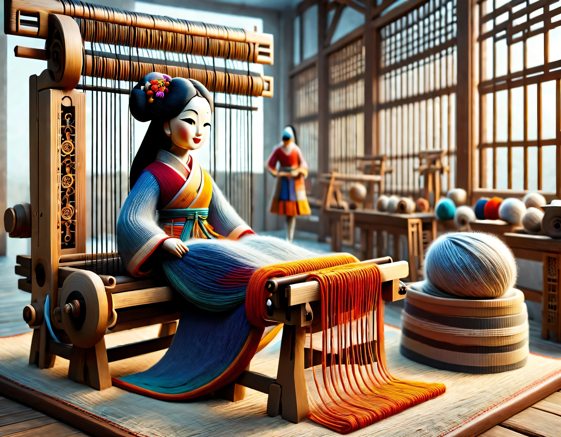 China&#39;s unique high-end carpenter sculpture style，The character is full body，side，（Mechanical doll sitting in front of ancient Chinese loom），Inspired by the looms of Jiangning Weaving Museum，wooden shuttle loom，loom frame、Brora、loom head、Shuttle and yarn composition。loom frame用于支撑loom head和Brora，They perform the weaving function through a series of mechanical movements。Shuttle is an essential accessory for weaving，Mainly responsible for conveying yarn，Realize the function of knitting, cute and beautiful face, Extra long red double braids, blue and orange skirt, Slender mechanical wooden arms and legs, Beautiful and detailed，rotate, dance, 8k, super detailed, actual, high resolution, Ray tracing,yarn art