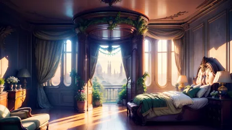 Solarpunk Dreamscape: The Royal Botanical Sanctuary | Generate an ornate botanical bedroom in the style of Versailles in a solar...