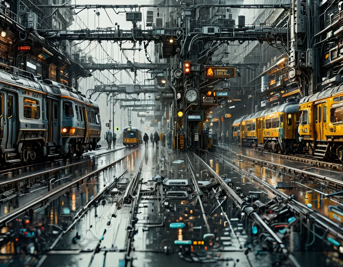 edge&#39;s dystopian busy train station, transport vehicles parked at the station and bright signs, pedestrians move synchronous...