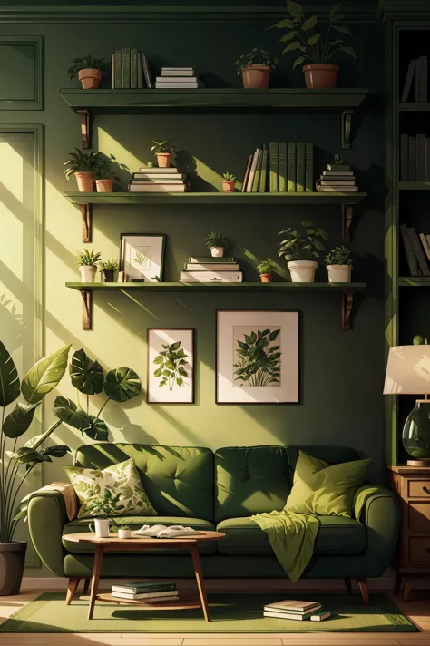 a living room with a green couch and a green plant on the wall and a book shelf with books