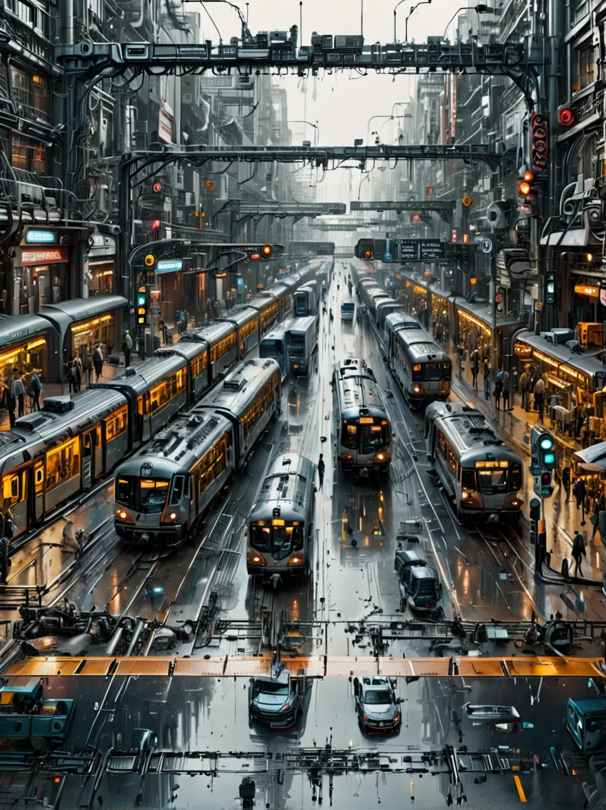 edge&#39;s dystopian busy train station, transport vehicles parked at the station and bright signs, pedestrians move synchronous...