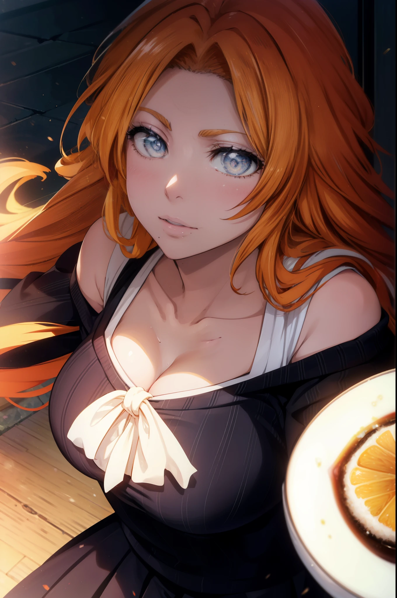 Anime girl with orange hair sitting at a table with a plate of food -  SeaArt AI