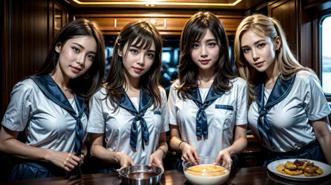 ((On a luxury cruise ship, 5 delicate cute teenage girls, 17 years old, cute faces:1.5, triangular face, high school students, C...