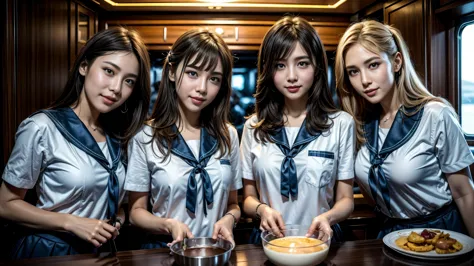 ((on a luxury cruise ship, 5 delicate cute teenage girls, 17 years old, cute faces:1.5, triangular face, high school students, c...