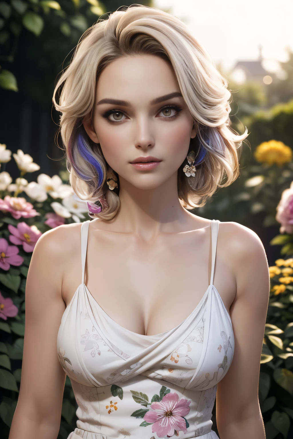 photo of celebrity, RAW, beautiful woman, ((portrait)), ((detailed face, colorful rainbow hair:1.2)), ((detailed facial feature, detailed skin, clear skin, parted lips), (perfect proportioned body, medium breasts, cleavage), (wearing a light colored dress. A white sundress, floral pattern sundress: 1.5)), (high detailed garden environment, pale skin, dark makeup: 1.5)), (high detailed pub, her front to us, frontview: 1.3), (realistic photo, best quality, detailed), (8k wallpaper), (cinematic lighting, dramatic lighting) (sharp focus, intricate)