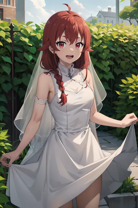 of, NSFW, 18+, masterpiece, 最好of质量, high resolution, plan,1 girl, Wedding dress, white dress, Permanently installed, garden, Smile, open mouth, red long braid, red eyes