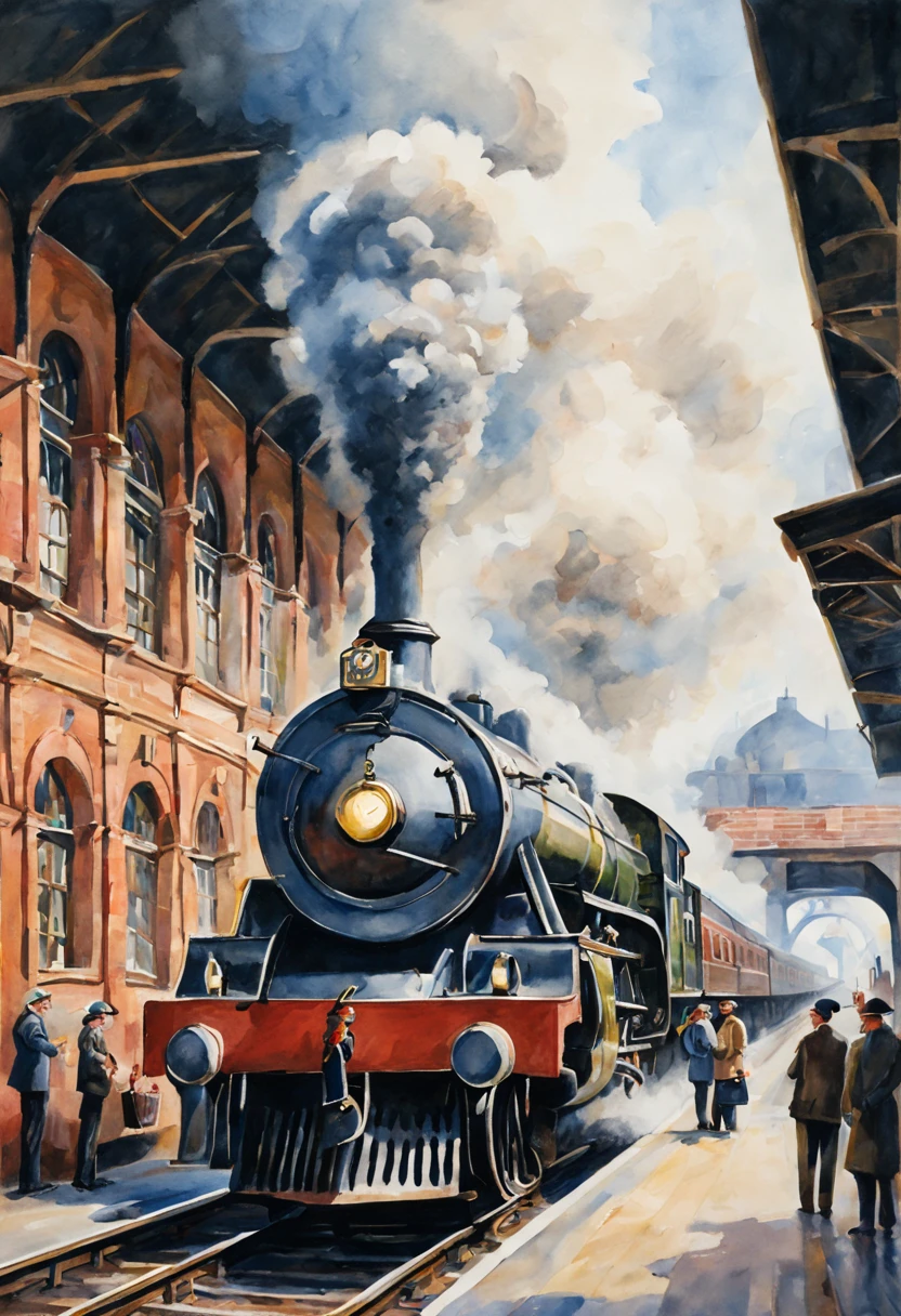 Painting of a magnificent railway station，The train pulls into the station,Retro blackhead steam train pulling into station.详细的watercolor painting,watercolor painting, CG Society Competition Winners, socialist realism, 详细的watercolor painting, Detailed painting in gouache, 详细的watercolor painting,people waiting for train at train station.peddler.Scene inside the station