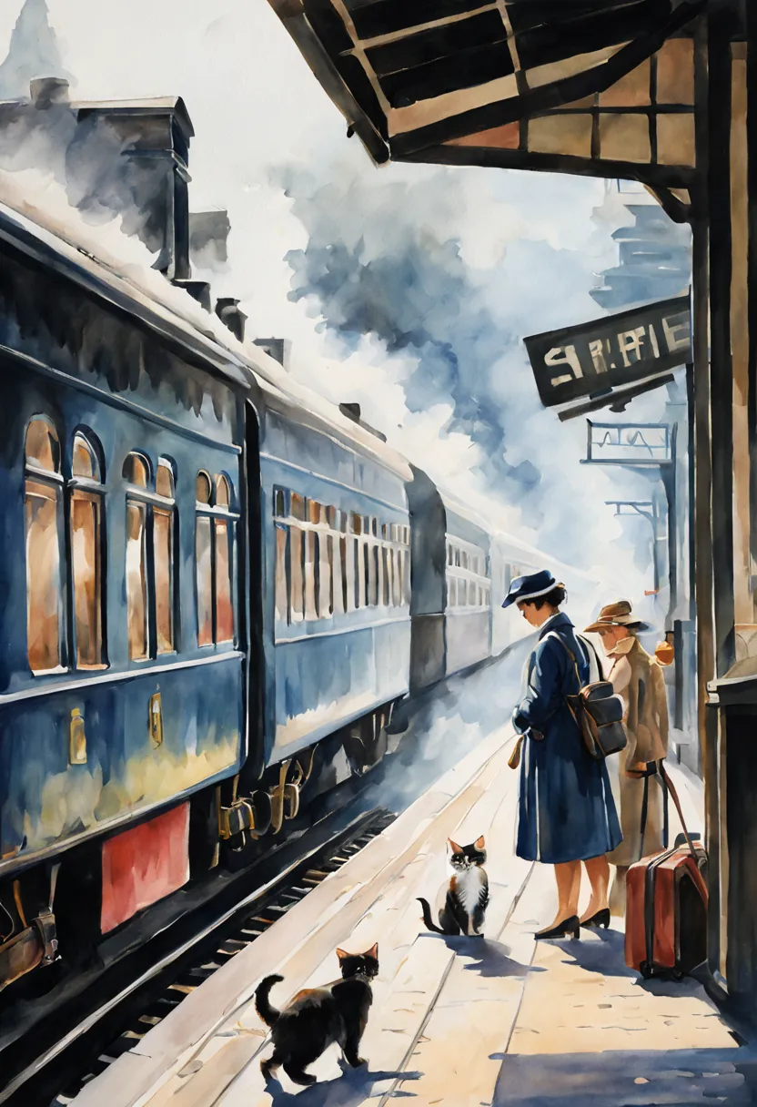 Painting of a magnificent railway station，The train pulls into the station,Retro blackhead steam train pulling into station.详细的w...