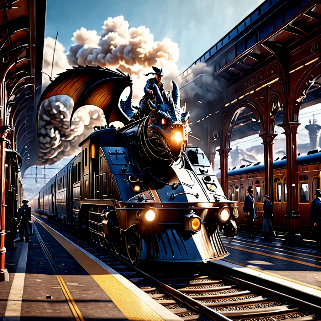 Un train avec une majesté semblable à un dragon et une forme de ligne élégante arrive à la gare, et un agent d&#39;entretien se précipite vers le train., minutieusement conçu, cinématique, lueur, ultra réaliste, fond d&#39;écran CG Unity 8k extrêmement détaillé, chef-d&#39;œuvre, meilleure qualité
