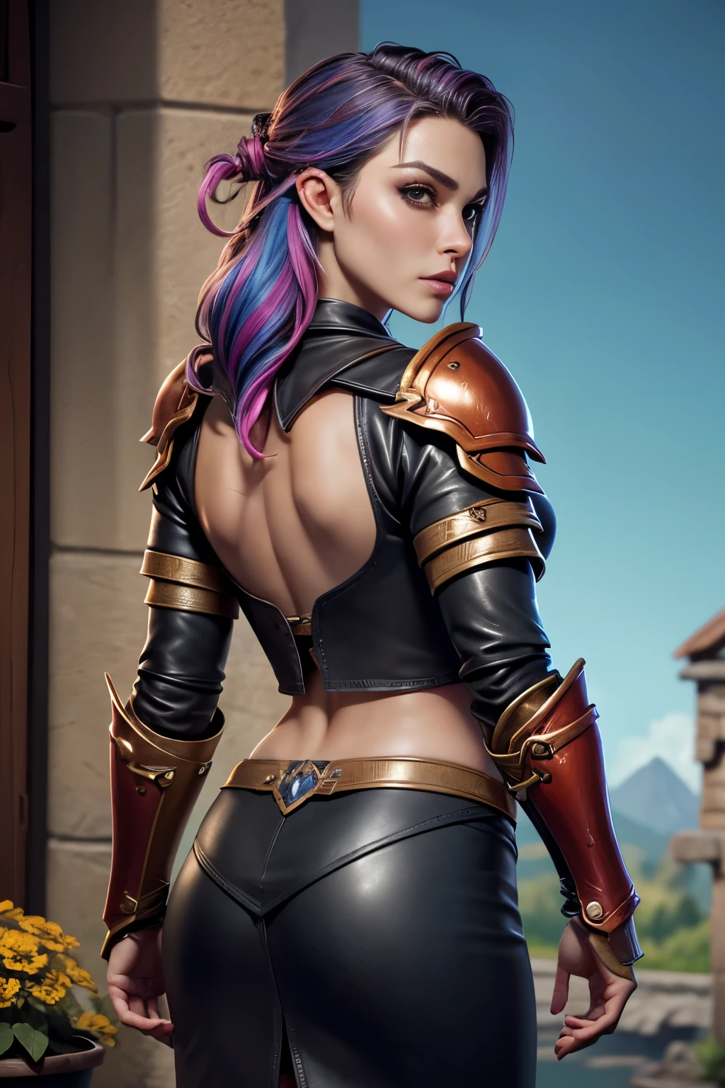photo of celebrity, RAW, beautiful woman, ((portrait)), ((detailed face, colorful rainbow hair:1.2)), ((detailed facial feature, detailed skin, clear skin, parted lips), (perfect proportioned body, medium breasts), (wearing leather Warcraft leather armor, leather warrior skirt, sky blue leather: 1.5)), (high detailed garden environment, her back to us, backview, ass, Turn Back, Back shot: 1.3), (realistic photo, best quality, detailed), (8k wallpaper), (cinematic lighting, dramatic lighting) (sharp focus, intricate)