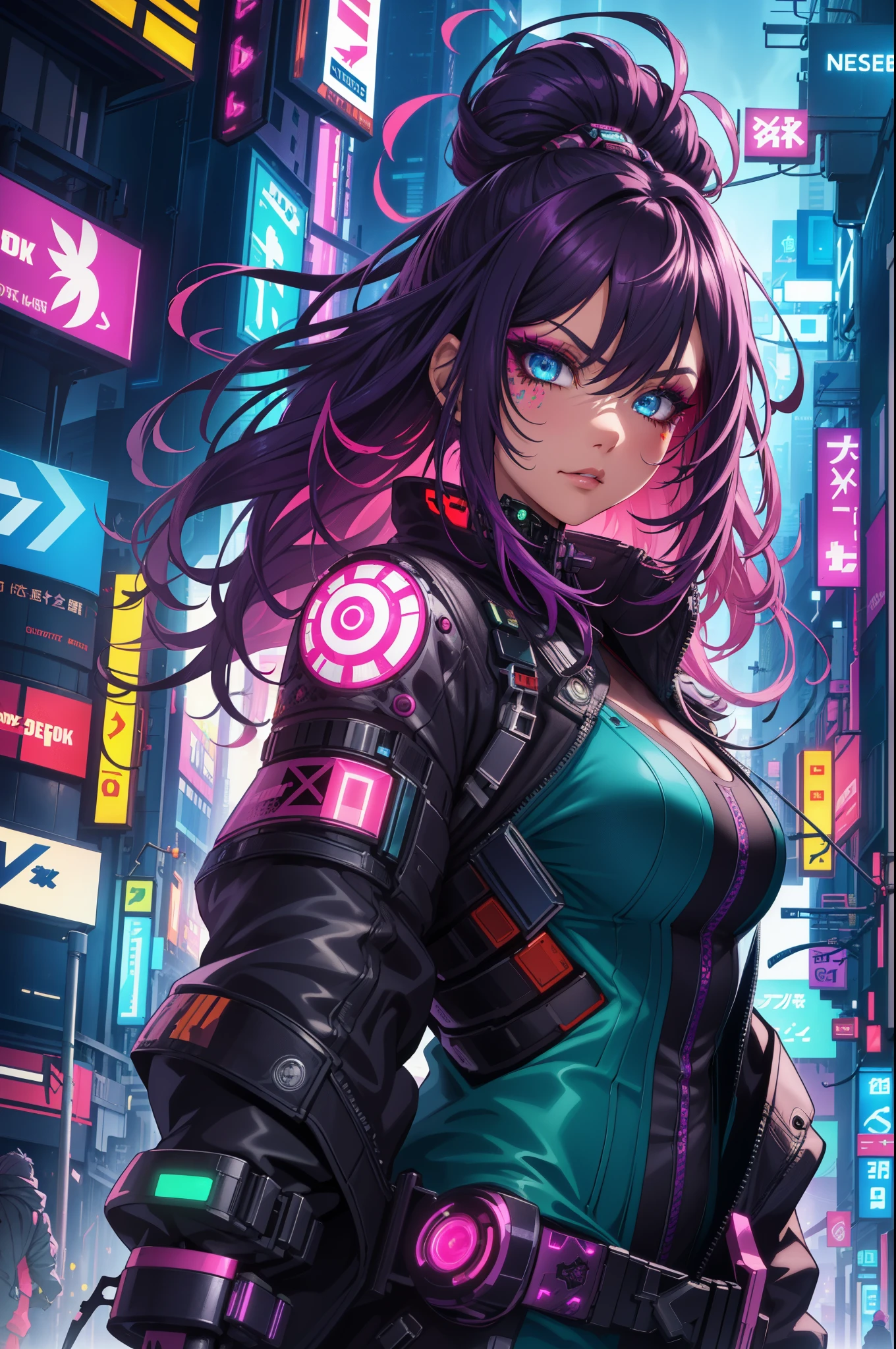 (extremely detailed CG unity 4k wallpaper),(masterpiece),(best quality),(ultra-detailed),(best illustration),(best shadow),(absurdres),(detailed background), Cyberpunk girl, youlooklonely, pointing, from side, looking at another, Neon lights, Smug expression, Highly detailed face,Harajuku-inspired pop outfit, bold colors and patterns, eye-catching accessories, trendy and innovative hairstyle, vibrant makeup,Cyberpunk dazzling cityscape, skyscrapers, neon signs, LED lights, bright and vivid color scheme, anime, illustration, detailed skin texture, detailed cloth texture, beautiful detailed face, intricate details, ultra detailed