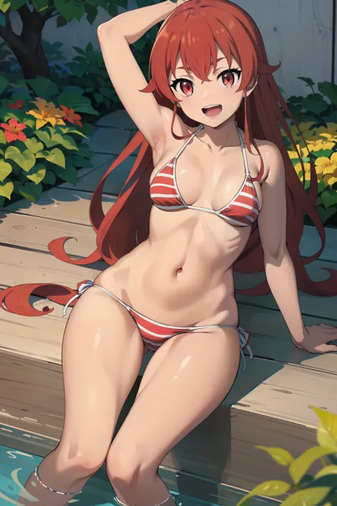 of, NSFW, 18+, masterpiece, 最好of质量, high resolution, plan,1 girl, (((bikini))), (((白色bikini))), Permanently installed, garden, Smile, open mouth, red long braid, red eyes