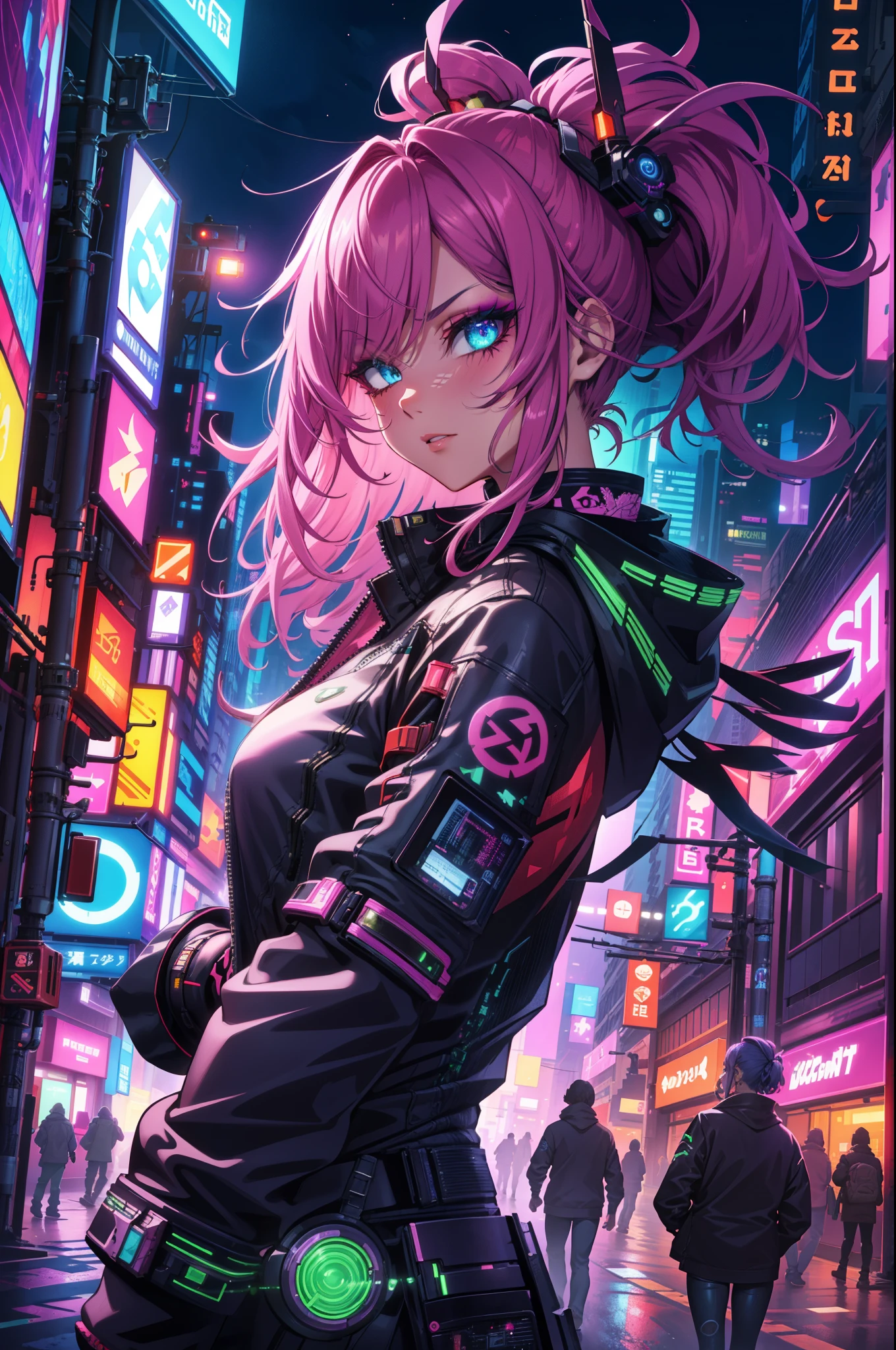 (extremely detailed CG unity 4k wallpaper),(masterpiece),(best quality),(ultra-detailed),(best illustration),(best shadow),(absurdres),(detailed background), Cyberpunk girl, youlooklonely, pointing, from side, looking at another, Neon lights, Smug expression, Highly detailed face,Harajuku-inspired pop outfit, bold colors and patterns, eye-catching accessories, trendy and innovative hairstyle, vibrant makeup,Cyberpunk dazzling cityscape, skyscrapers, neon signs, LED lights, bright and vivid color scheme, anime, illustration, detailed skin texture, detailed cloth texture, beautiful detailed face, intricate details, ultra detailed