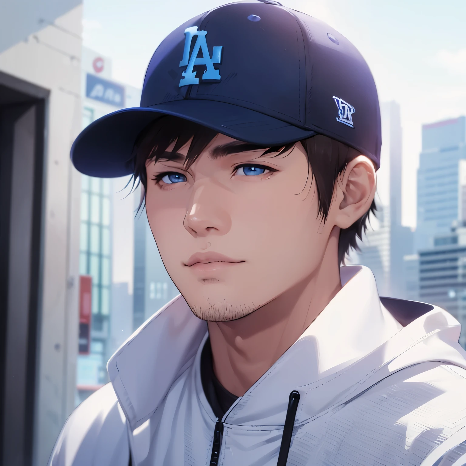 Handsome man in his 20s、brown hair、blue dodgers baseball cap、In 8K、sharp focus、zoom、with the best image quality、highest quality