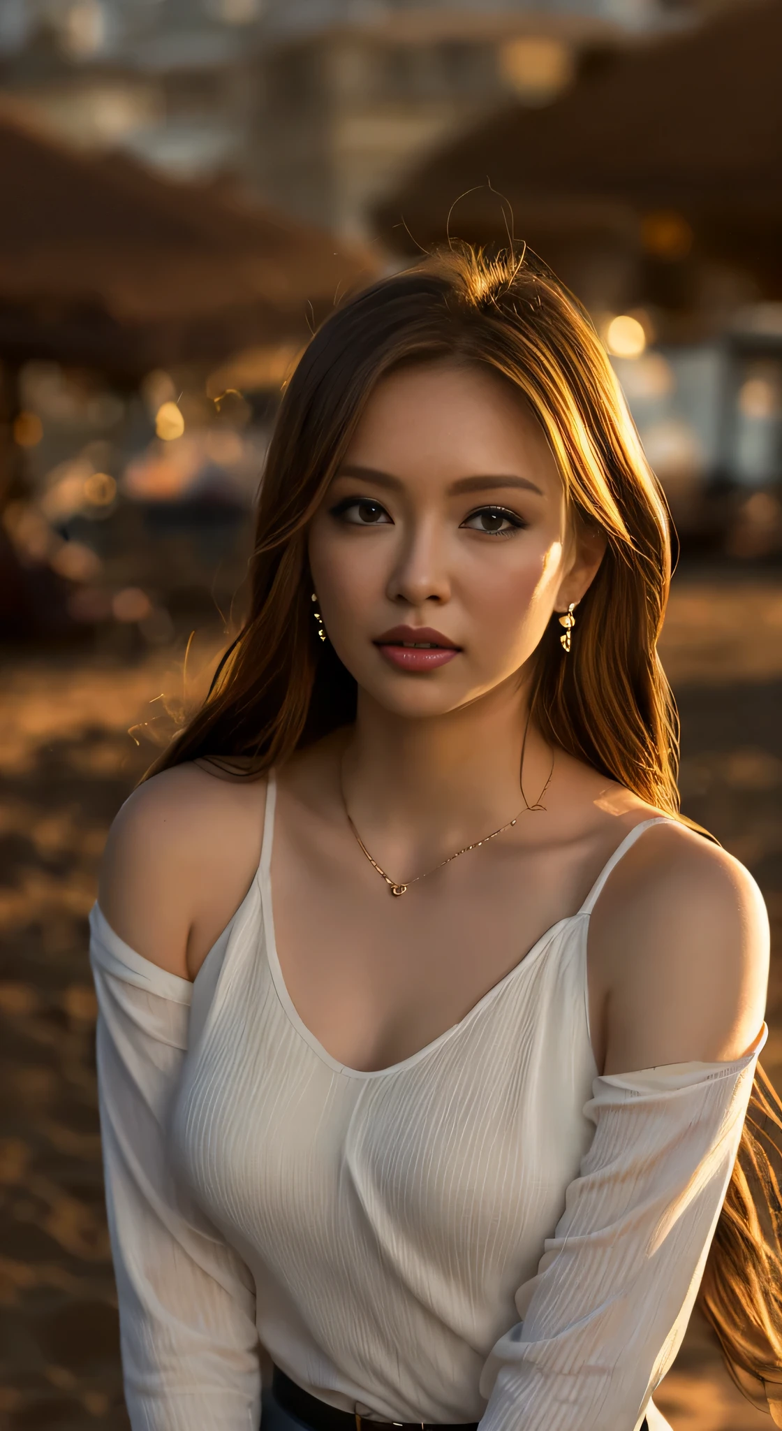 Mulher andando na praia ao pôr do sol, profundidade de campos, Luz laranja suave iluminando uma mulher, ((corpo grosso)), pele texturizada, A pessoa é clara, cabelo comprido, Atmosfera nostálgica e refrescante, Um olhar preocupado, Uma mulher em pé, Maquiagem leve, Desenho nítido, mulher atraente, silhuetas fluidas, Uma mulher vestindo uma blusa e saia escura justa, Blusa simétrica, saia justa e cinto fino, Materiais e design elegantes, brinco pequeno, Pulseira pequena, Estilo sofisticado