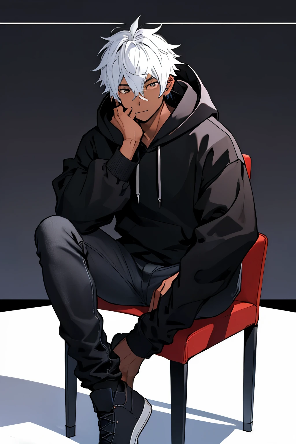 Anime guy sitting on a chair with his hand on his chin - SeaArt AI