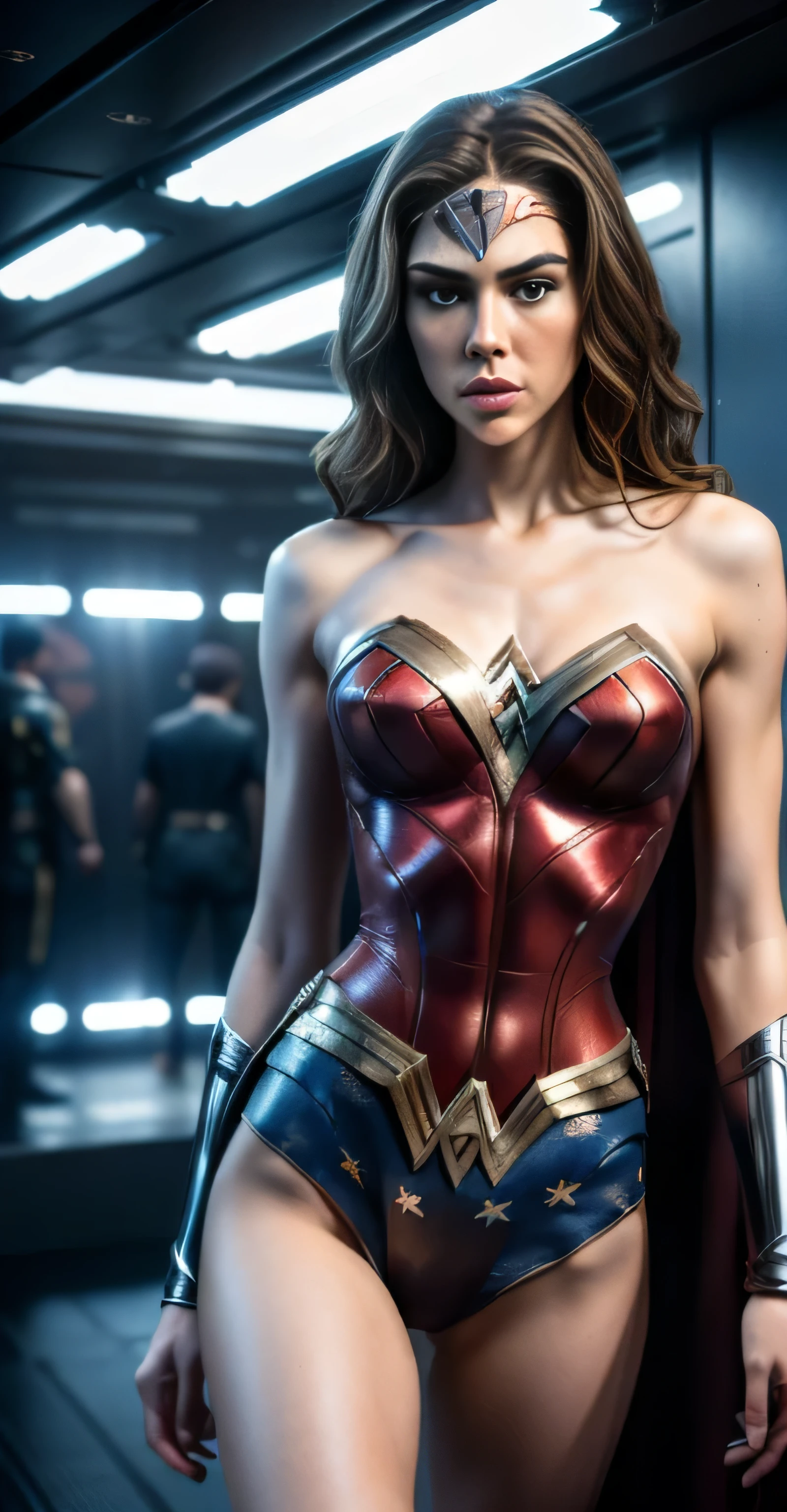 Wonder woman in a red and blue costume standing in a room - SeaArt AI