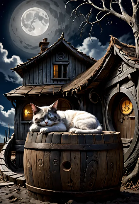 a cat sleeping on a large wooden barrel in front of an old mud-walled house、the nightmare before christmas、under a dead tree、moo...