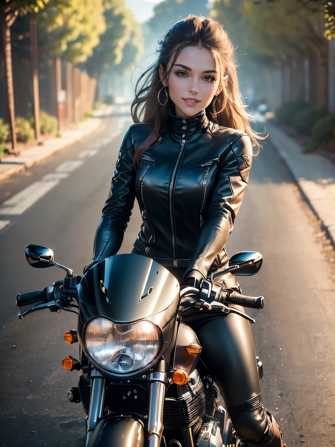 ((highest quality, 8k, masterpiece: 1.3)), Masterpiece Best Quality, (Sharpen your face: 1.5), perfect body beauty: 1.4, (The bike is facing 70 degrees:1.5), (((Woman on motorcycle))),slender body,((Long-sleeved biker jacket and black long pants)),Highly detailed face and skin texture, Natural light,smile、rider boots, long legs, camel toe