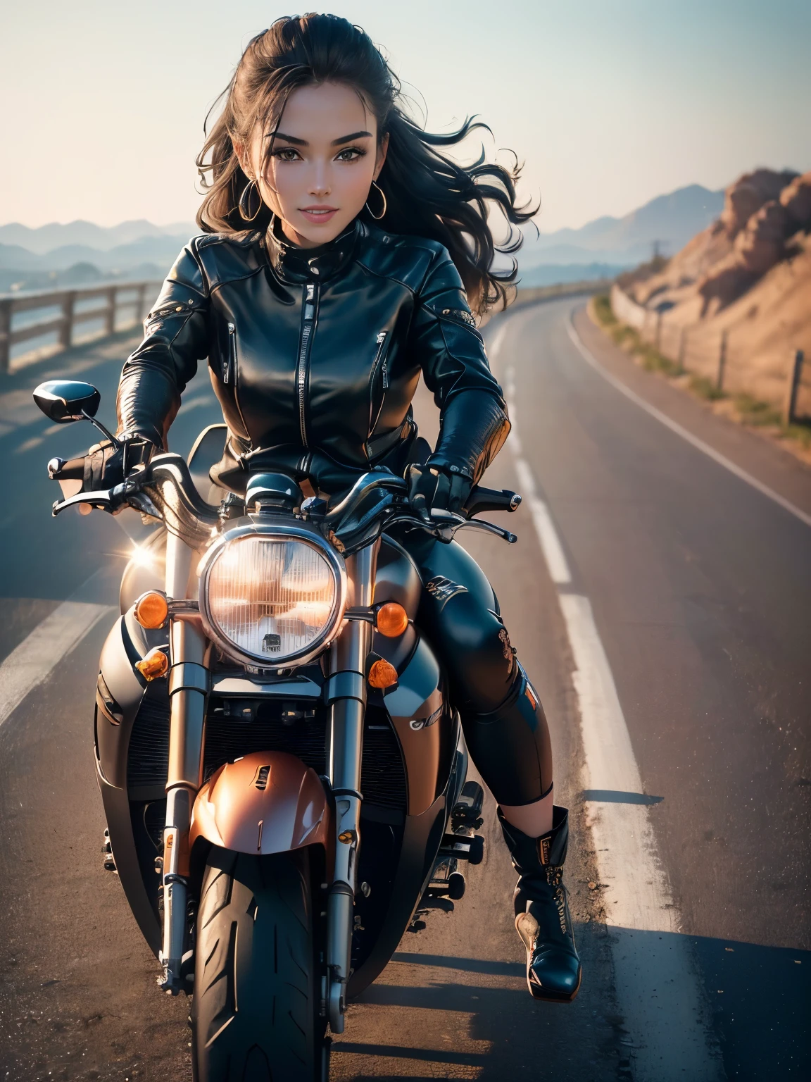 ((высшее качество, 8К, шедевр: 1.3)), шедевр, лучшее качество, (Сделайте свое лицо более четким: 1.5), Идеальная красота тела: 1.4, (Велосипед повёрнут под углом 70 градусов.:1.5), (((Женщина на мотоцикле))),стройное тело,((Байкерская куртка с длинными рукавами и черные длинные брюки.)),Высокодетализированная текстура лица и кожи, Естественный свет,улыбка、Ботинки Райдера, Длинные ноги, верблюжья лапка