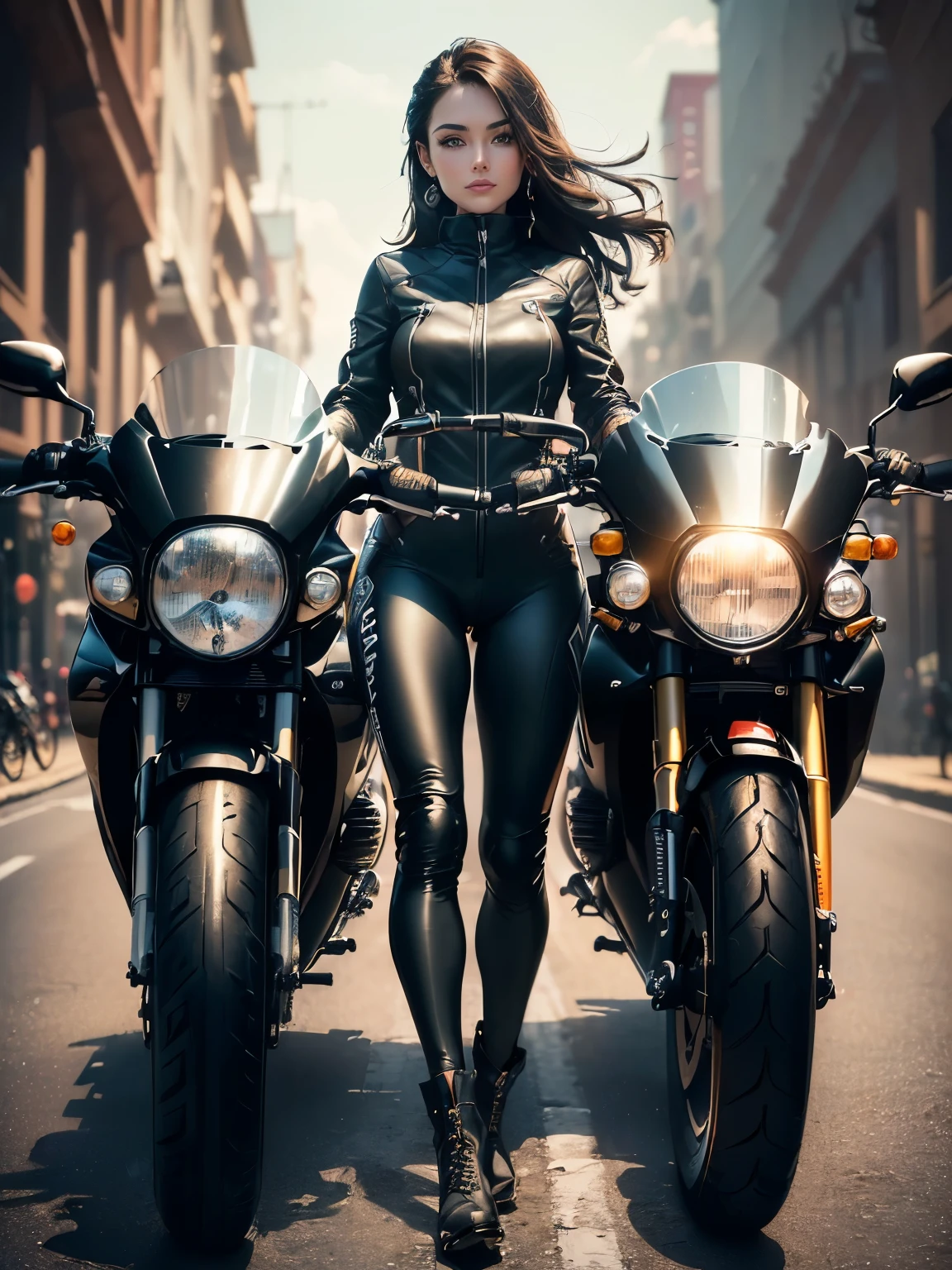 ((highest quality, 8k, masterpiece: 1.3)), Masterpiece Best Quality, (Sharpen your face: 1.5), perfect body beauty: 1.4, (The bike is facing 70 degrees:1.5), (((Woman on motorcycle))),slender body,((Long-sleeved biker jacket and black long pants)),Highly detailed face and skin texture, Natural light,smile、rider boots, long legs, camel toe