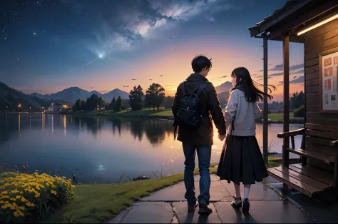 comics， bright starry sky. Romantic bus stop, Xin Haicheng&#39;s pictures, pure, concept art, Lofi Art style, reflection. author...