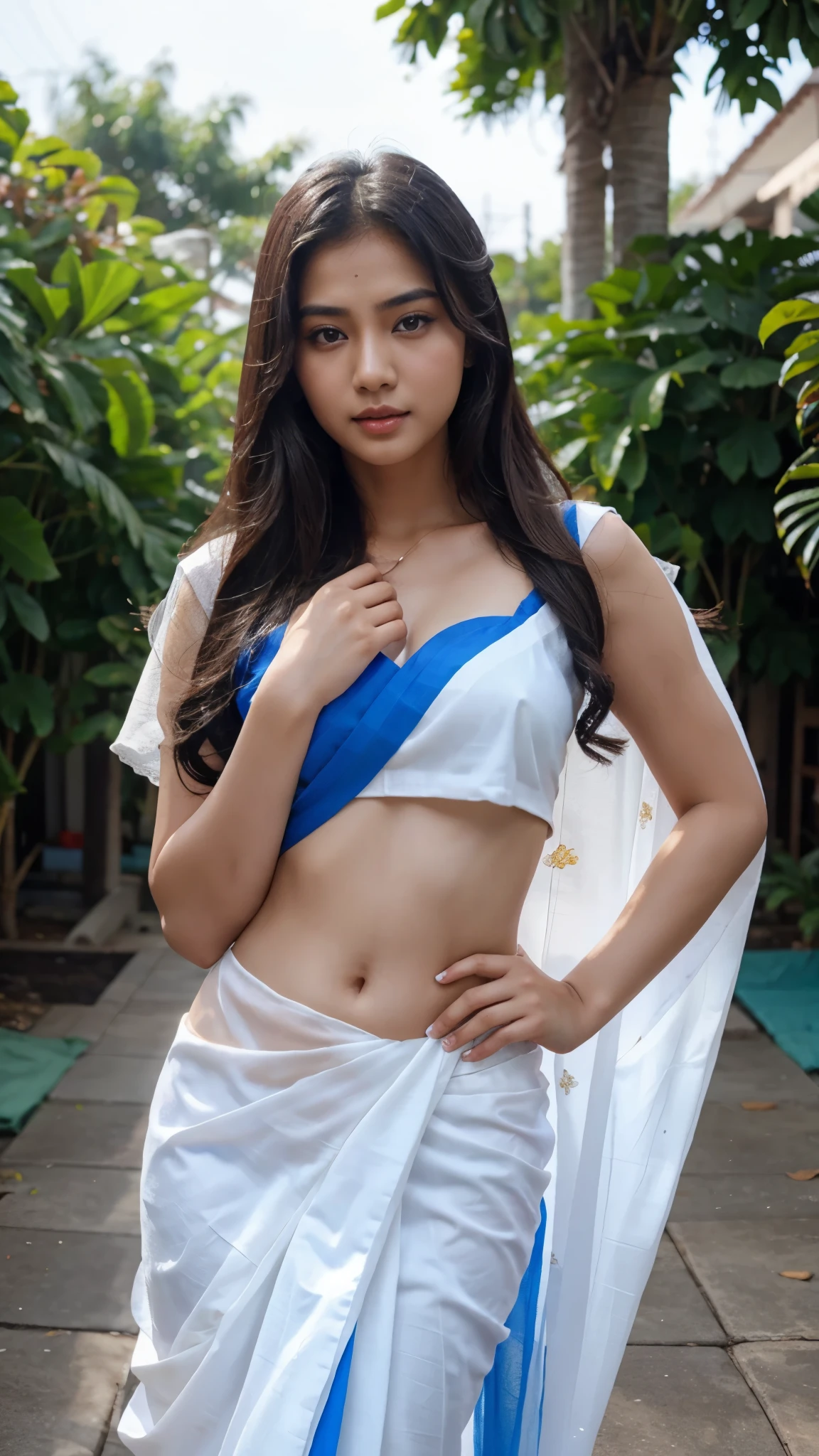 A woman in a white and blue sari posing for a picture - SeaArt AI