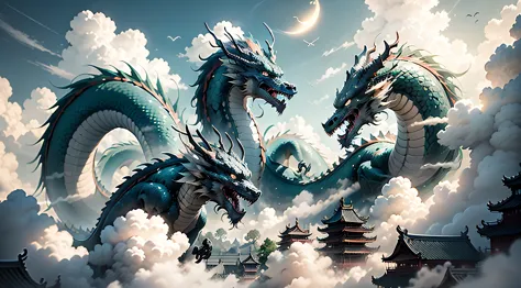 The sun and the moon shine together，dragon flying in the clouds，The sea of clouds is turbulent，islands，flying bird，（A building l...