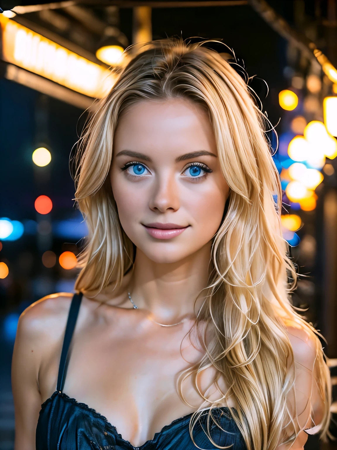 Summer77, beautiful 1 girl, blonde, 23yo, blue eyes, in a cafe bar bistro,, indoors, black mini dress, look away, sexy, seducing smile, curly hair, crowded place, people in the background 