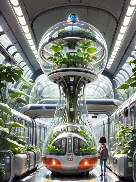 brand new spacious and tall station hall，brand，cute little transparent alien，transparent train，a train full of plants，high-end，a...