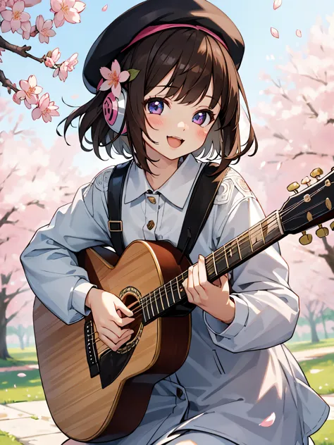 (masterpiece),(best quality),(ultra-detailed), (full body:1.2), 1girl,cute, smile, open mouth, flower, outdoors, playing guitar,...