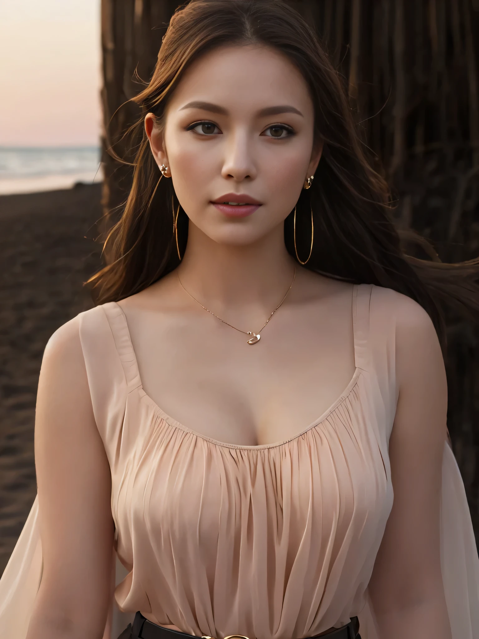 Woman walking on the beach at sunset, depth of fields, Soft orange light illuminating a woman, ((thick body)), Textured skin, The person is clear, length hair, Nostalgic and refreshing atmosphere, A worried look, One Woman Standing, Light makeup, Crisp drawing, Attractive woman, flowing silhouettes, A woman wearing a blouse and dark tight skirt, Symmetrical blouse, tight skirt and thin belt, Elegant materials and design, small earring, Small bracelet, Sophisticated style