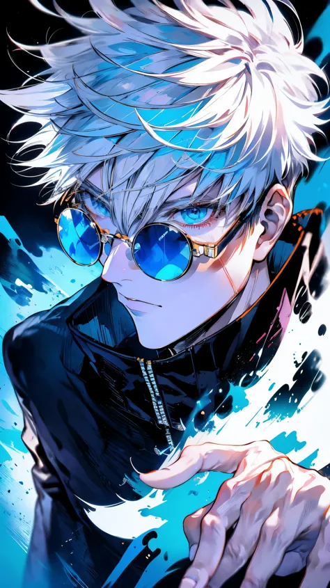 Satoru Gojo, Jujutsu Kaisen, Handsome man with white medium length hair, wearing sunglasses and blue galaxy in his eyes, Sunglas...