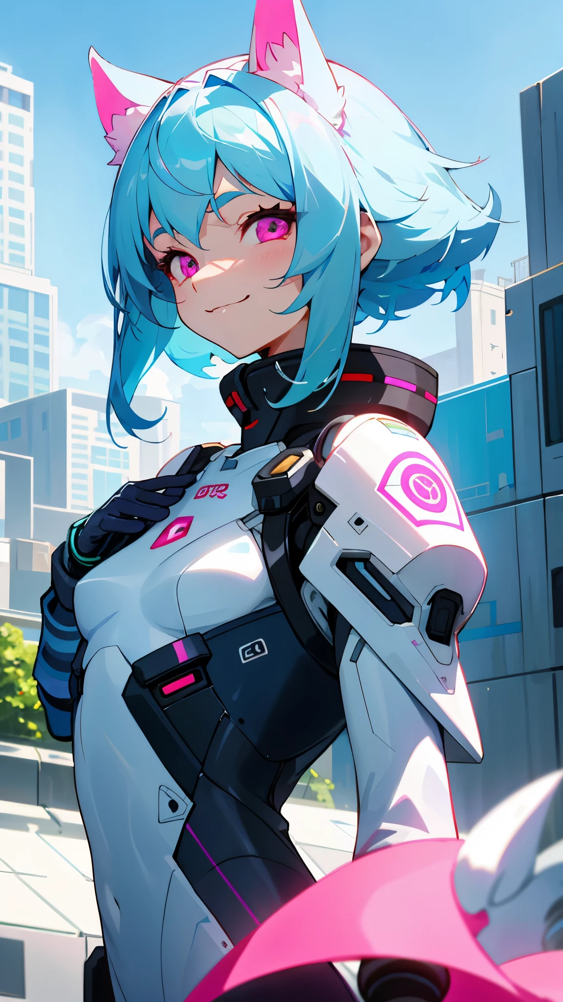 16 year old girl、She is wearing futuristic clothes.、Beauty、small breasts、light blue hair、dog ears、pink eyes、From the side、gloves、evil smile、upper body close-up、Rooftop of urban building area