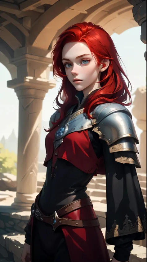 (best quality, masterpiece)  perfect face, 18 year old girl, medium , Dragonlance environment, Red hair,