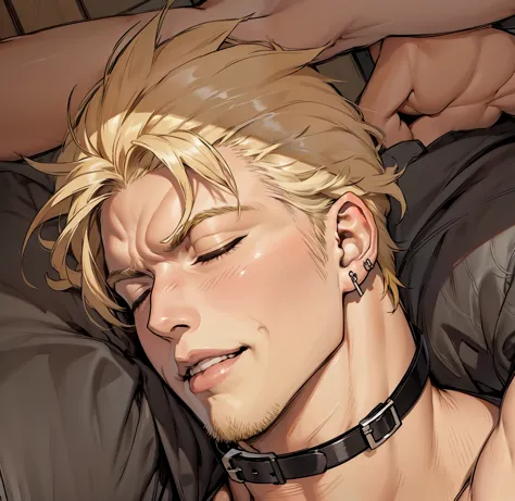 1 male, shenwoo, Handsome, Fell asleep, Close eyes，collar, Open your mouth, Sleepy, blond, earrings, flustered, confused, smile, short twintails, high quality, best quality, masterpiece
