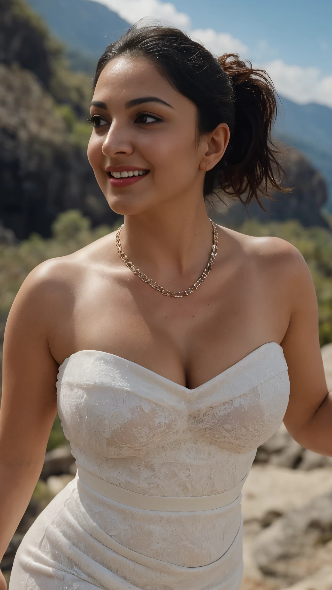 A close up of a woman in a wedding dress standing on a beach - SeaArt AI