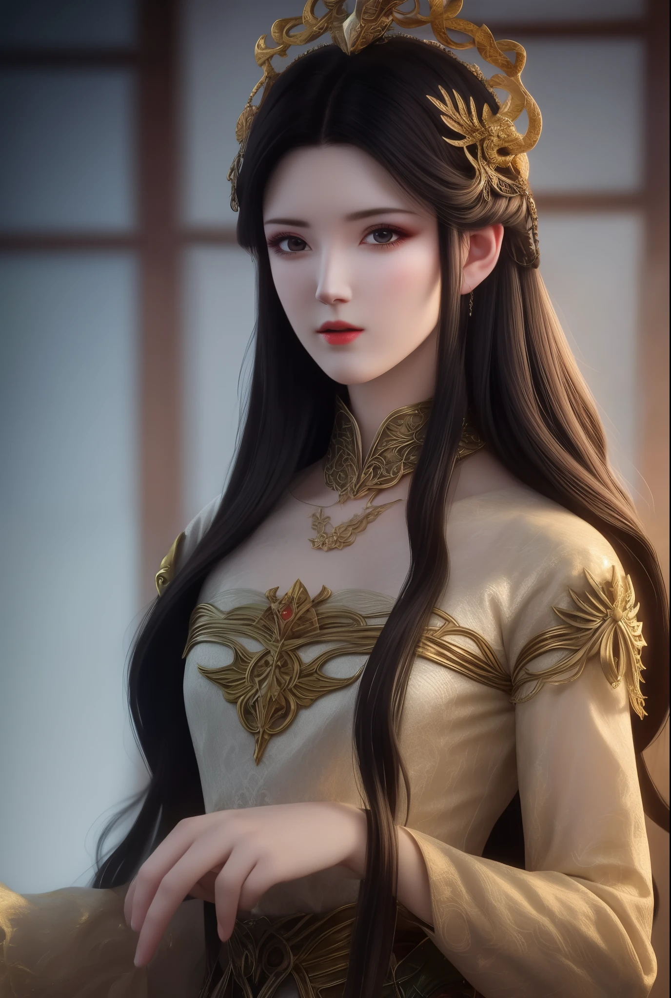 beautiful detailed eyes, detailed lips, long wavy hair, serpents for hair, fierce expression, pale complexion, snake-like scales on the skin, mesmerizing gaze, mythical creature, dark and mysterious background, artistic oil painting style, vibrant colors, soft lighting