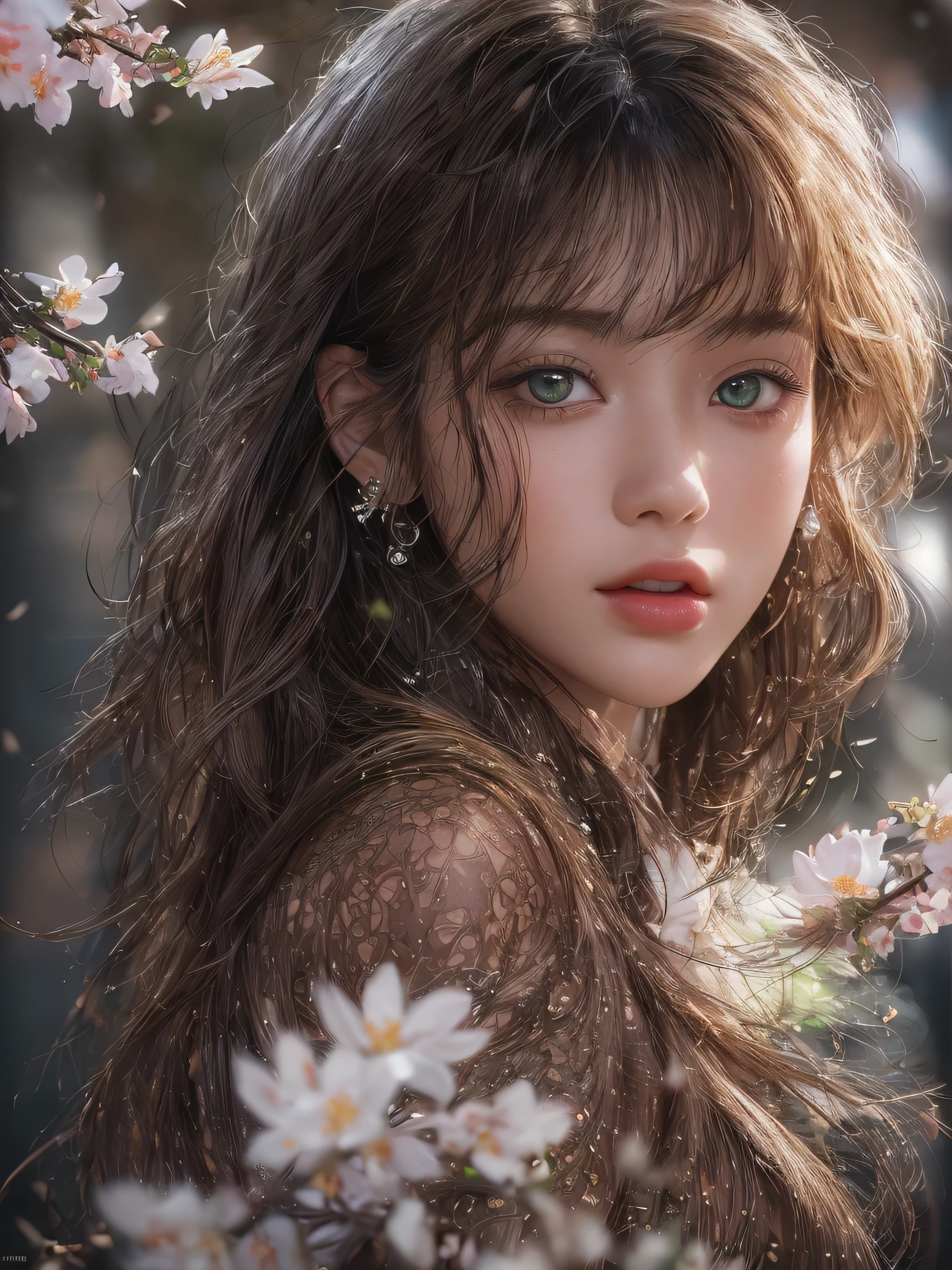 Masterpiece, 1 beautiful girl, Detailed eye, Swollen eyes, top quality, 超A A high resolution, (reality: 1.4), cinema lighting, Very, Very beautiful, Beautiful skins, Thin, frame, Forward-facing, (Hyperrealistic), (A high resolution), (8K), (Very detailed), ( best illustration), (beautifully detailed eyes), (ultra detailed), detailed face, bright lighting, professional lighting、the most beautiful and sexy girl, brown wavy hair, bright green eyes, bright green eyes, Dark African skin, wears an incredibly detailed suit or top, average grul, Cleavage show, have tattoos and piercings, around , cherry blossoms fluttering in the wind, around острава и горы, cinematic, невероятно совершенный Masterpiece, high quality, A high resolution