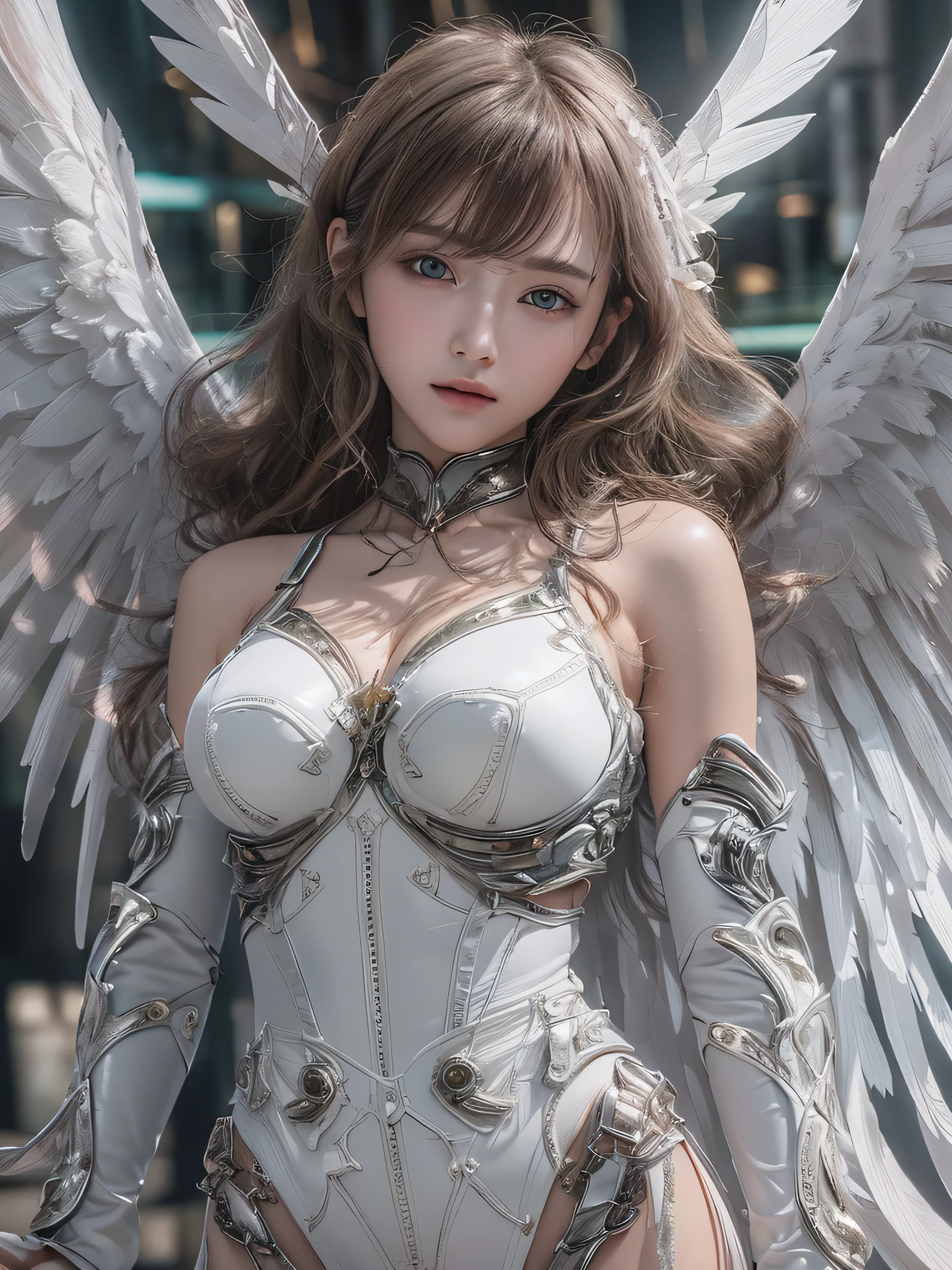 top quality, Masterpiece, ultra high resolution, ((Photorealistic: 1.4), Raw-Photo, 1 girl, brown wavy hair, Glossy leather, angel girl, (Ultra-realistic details)), Global Illumination, shadows, octane number, 8K, ultra sharp, big size, Open neckline, Latex bodysuit, Complex decorative details, Egyptian Parts, very complex parts, realistic light, CGSoation trend, Bright Green eyes, Green eyes, sparkling eyes, Facing the camera, neon details, Angel Halo, Blood Vessel, medium breasts, the clothes are a little holey and exposed parts of the body are visible, Evangelion, white angel wings and gray clothes, white glowing halo, small glowing LED flashlights (in the background is a dazzling landscape with pink cherry trees and mountains with a waterfall..), a large piece of breast is visible, no panties either, one of the greatest angels has just been reborn, Divine holiness is everywhere in the background