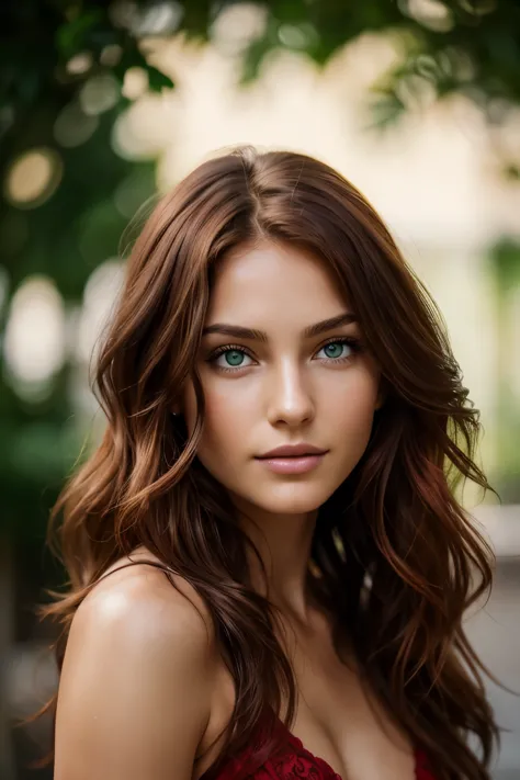 Jolie belle brune européenne sexy aux yeux vert clair, 22 ans, cheveux roux, TALONS HAUTS, fond clair abstrait, le visage est ne...