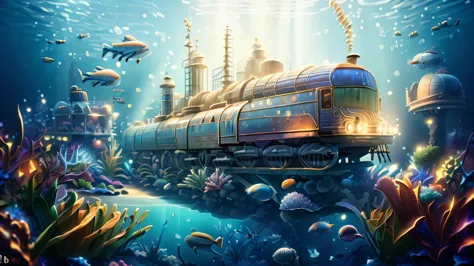 station sous-marine, train souarin, s&#39;train with shells, station shell, Lively atmosphere, poisson, huge floating clock, pas...