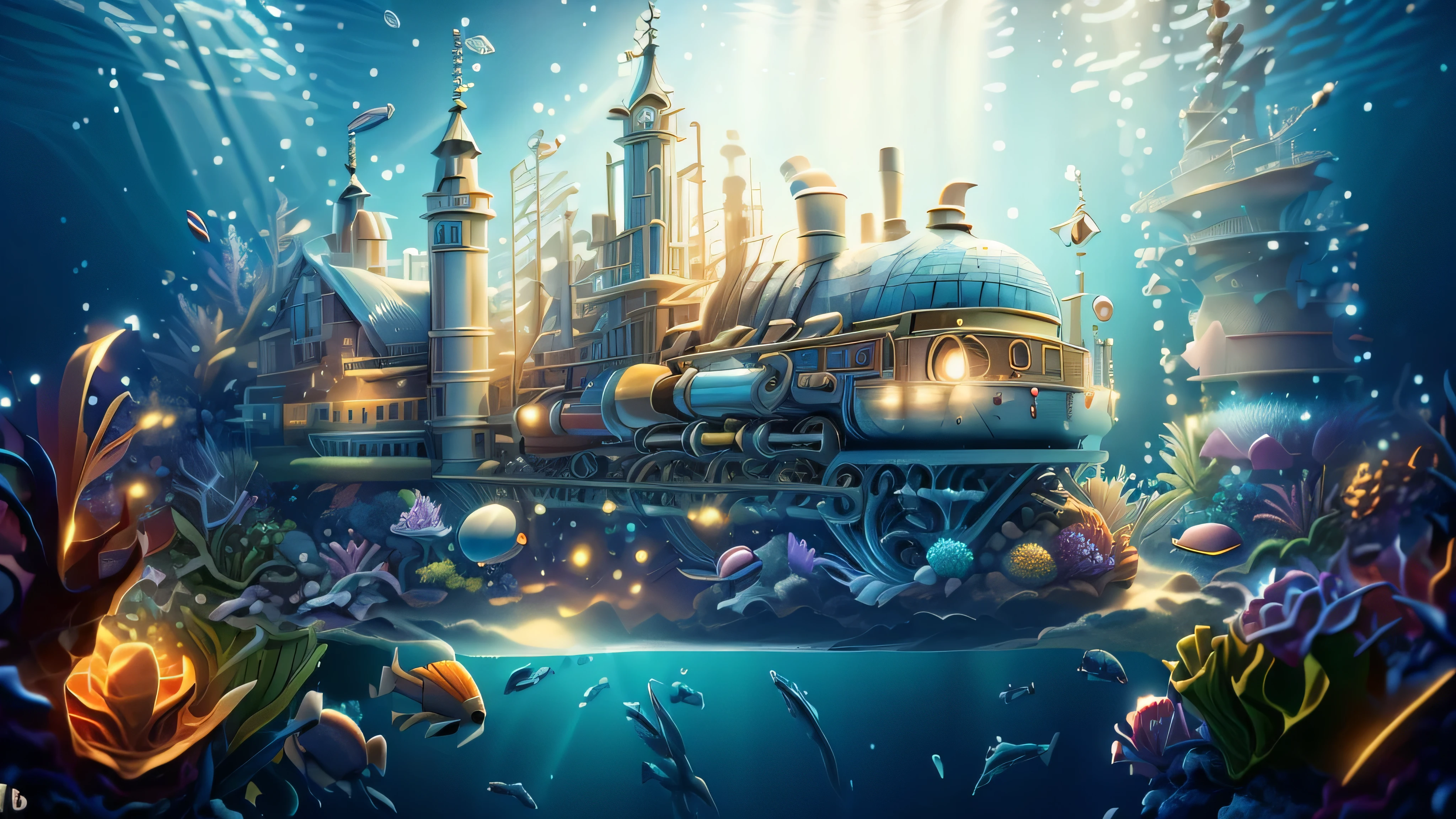 station sous-marine, train souarin, s&#39;s&#39;entraîner avec des obus, coque de la gare, Atmosphère animée, poisson, énorme horloge flottante, couleurs pastel et dorées, le soleil filtre dans l&#39;Eau, rayon de soleil underwater, rayon de soleil, locomotives à vapeur (Eau bouillonnante), les passagers attendent leur train avec impatience. (Meilleure qualité, 8k, chef-d&#39;ouvrages d&#39;art, ultra-détaillé, Réaliste, photoRéaliste, photo-Réaliste, HDR, éclairage de studio, acuité, Description extrêmement détaillée, professionnel, bokeh).