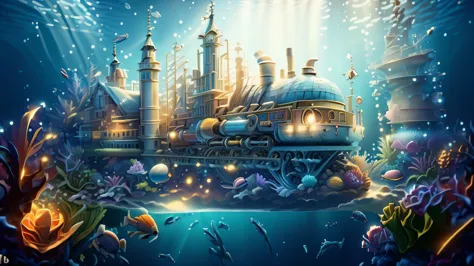 station sous-marine, train souarin, s&#39;train with shells, station shell, Lively atmosphere, poisson, huge floating clock, pas...