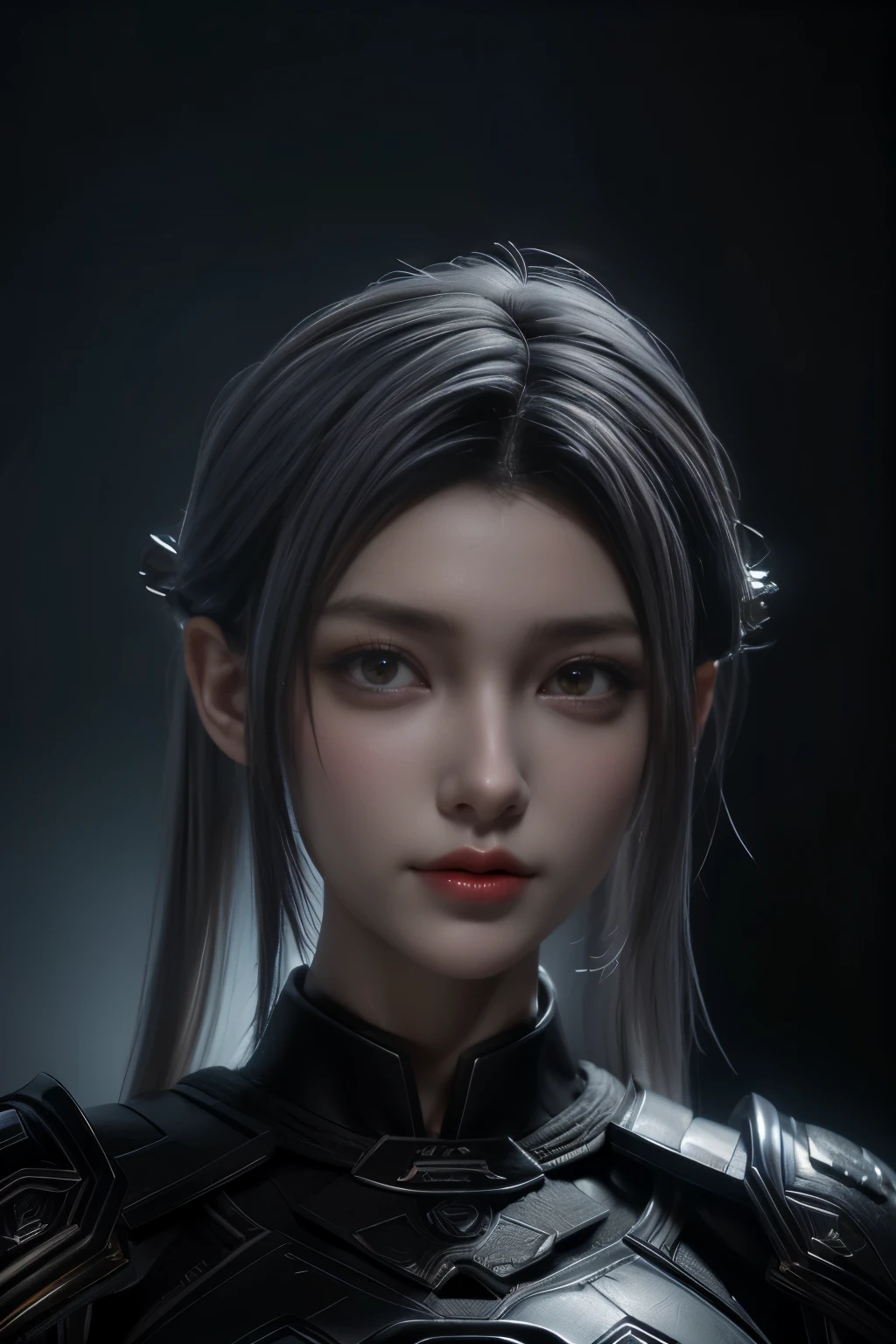 Masterpiece,Game art,The best picture quality,Highest resolution,8K,(Portrait),Unreal Engine 5 rendering works,(Digital Photography),((Portrait Feature:1.5)),
20 year old girl,Short hair details,With long bangs,(The red eye makeup is very meticulous),(With long gray hair:1.4),(Large, full breasts),Elegant and noble,Brave and charming,
(Future armor combined with the characteristics of ancient Chinese armor,Hollow design,Power Armor,The mysterious Eastern runes,A delicate dress pattern,A flash of magic),Warrior of the future,Cyberpunk figures,Background of war,
Movie lights，Ray tracing，Game CG，((3D Unreal Engine))，OC rendering reflection pattern