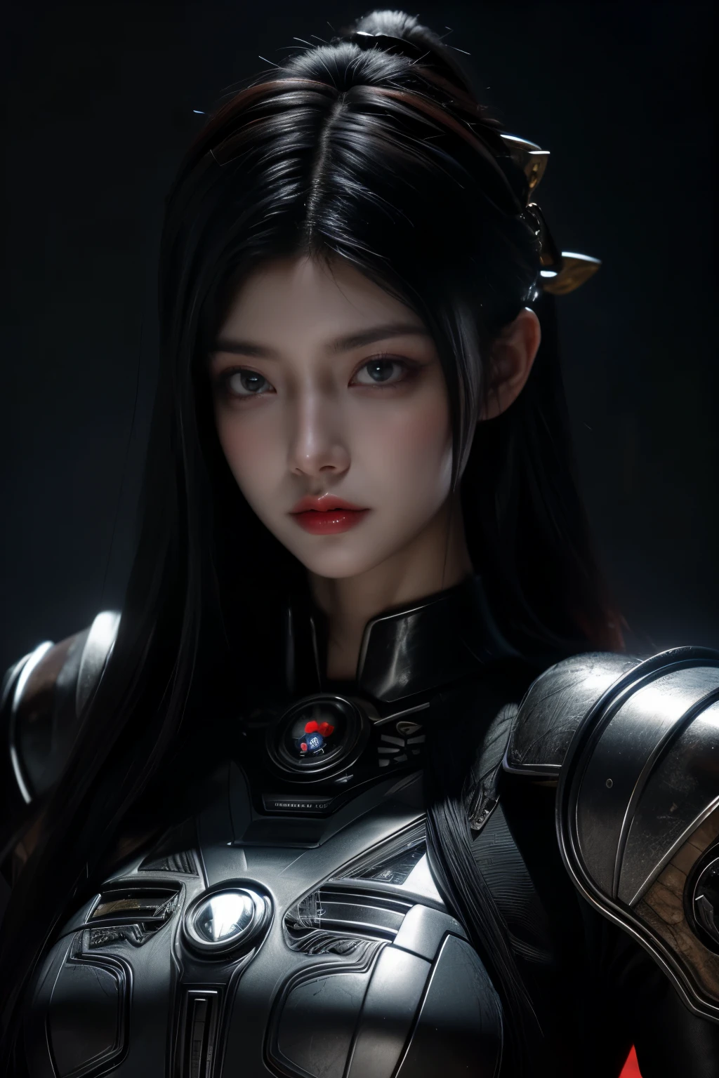 chef-d&#39;œuvre,art du jeu,La meilleure qualité d&#39;image,la plus haute résolution,8k,(portrait),Le rendu Unreal Engine 5 fonctionne,(la photographie numérique),((portrait Feature:1.5)),
fille de 20 ans,Détails des cheveux courts,Avec une longue frange,(Le maquillage des yeux rouges est très soigné),(Avec de longs cheveux gris:1.4),(grand, Seins pleins),Élégant et noble,Courageux et charmant,
(Armure du futur combinée aux caractéristiques de l&#39;armure chinoise ancienne,conception creuse,armure assistée,Les mystérieuses runes orientales,Un patron de robe délicat,Un éclair de magie),Guerrier du futur,Figurines cyberpunk,Contexte de guerre,
lumières de cinéma，tracé laser，jeu cg，((Moteur irréel 3D))，Modèle de réflexion du rendu OC