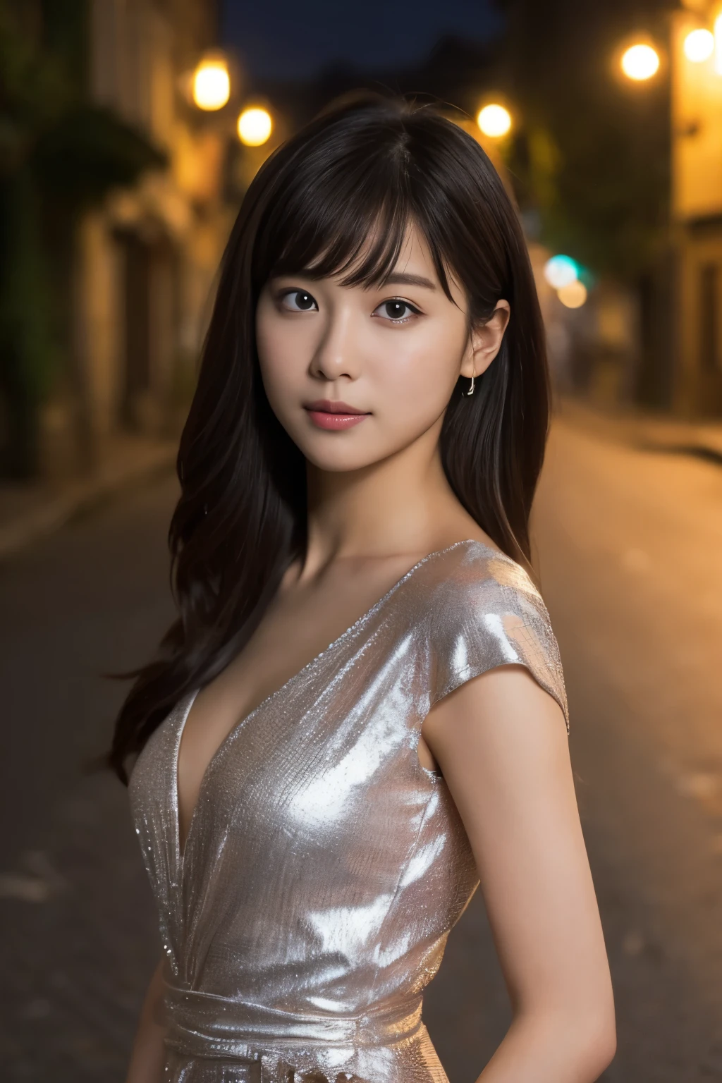 1 girl, (wear a platinum dress:1.2), (RAW photo, highest quality), (realistic, Photoreal:1.4), table top, very delicate and beautiful, very detailed, 2k wallpaper, wonderful, finely, Very detailed CG Unity 8k 壁紙, super detailed, High resolution, soft light, beautiful detailed girl, very detailed目と顔, beautifully detailed nose, detailed and beautiful eyes, cinematic lighting, (Night view of the old streets of France:1.3),  perfect anatomy, slender body, 
straight semi-long hair, bangs, looking at the viewer, slight smile