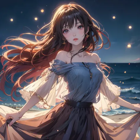 anime long hair girl standing on the beach at night, beautiful anime girl, anime style 4k, 4k anime wallpaper, anime long hair g...