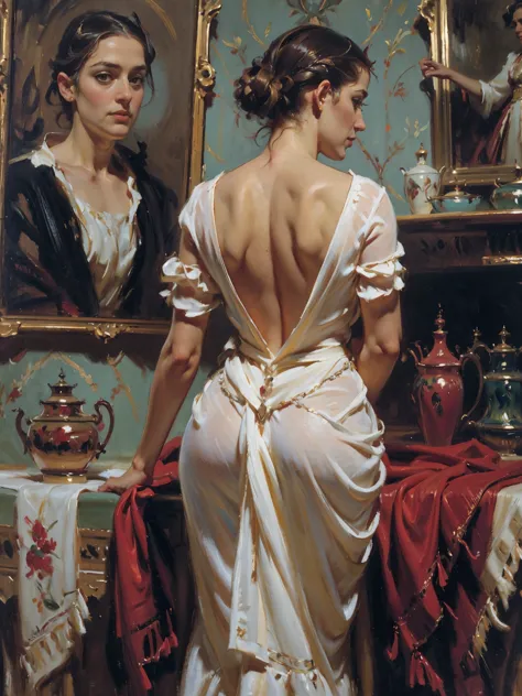 (AOC:1.1), bragas, from behind, encorvado, Caderas anchas, muslos gruesos, Oil painting, by sargent